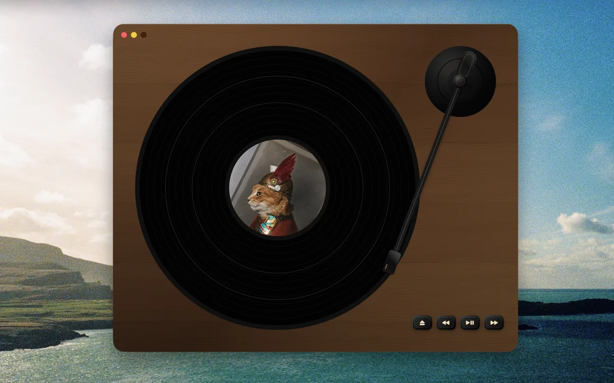 A walnut turntable with black controls and a black tonearm.